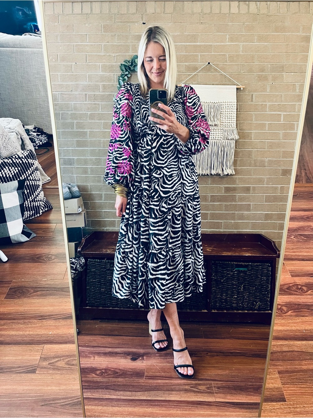 JODIFL Black & White Zebra Print Dress with Pink Floral Sleeves